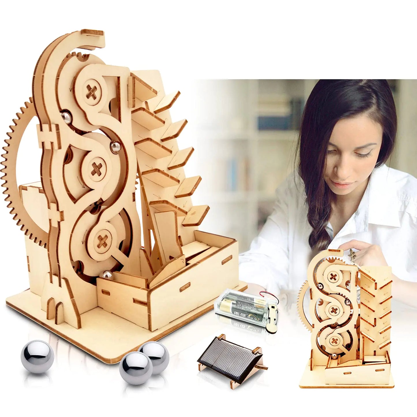 Solar 3D Wooden Puzzle Marble Run DIY Model Kit Craft Sets Educational Wood Mechanical Building Toys STEM Science Experiments Projects Birthday Gift for Adult Men Kids Age 8 10 12 14+