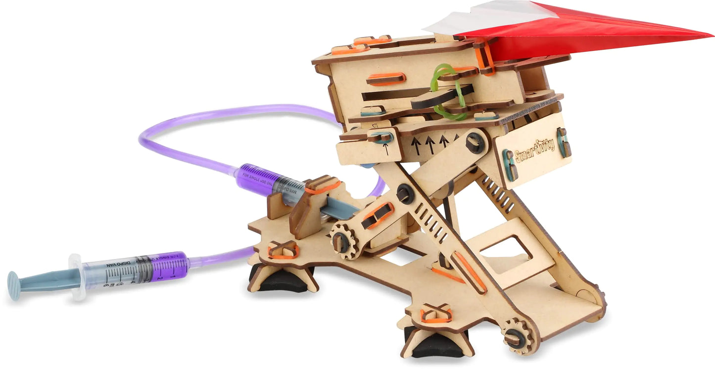 Hydraulic Plane Launcher Wooden Model Engineering STEM Learning Toy for Kids Ages 6 and Up
