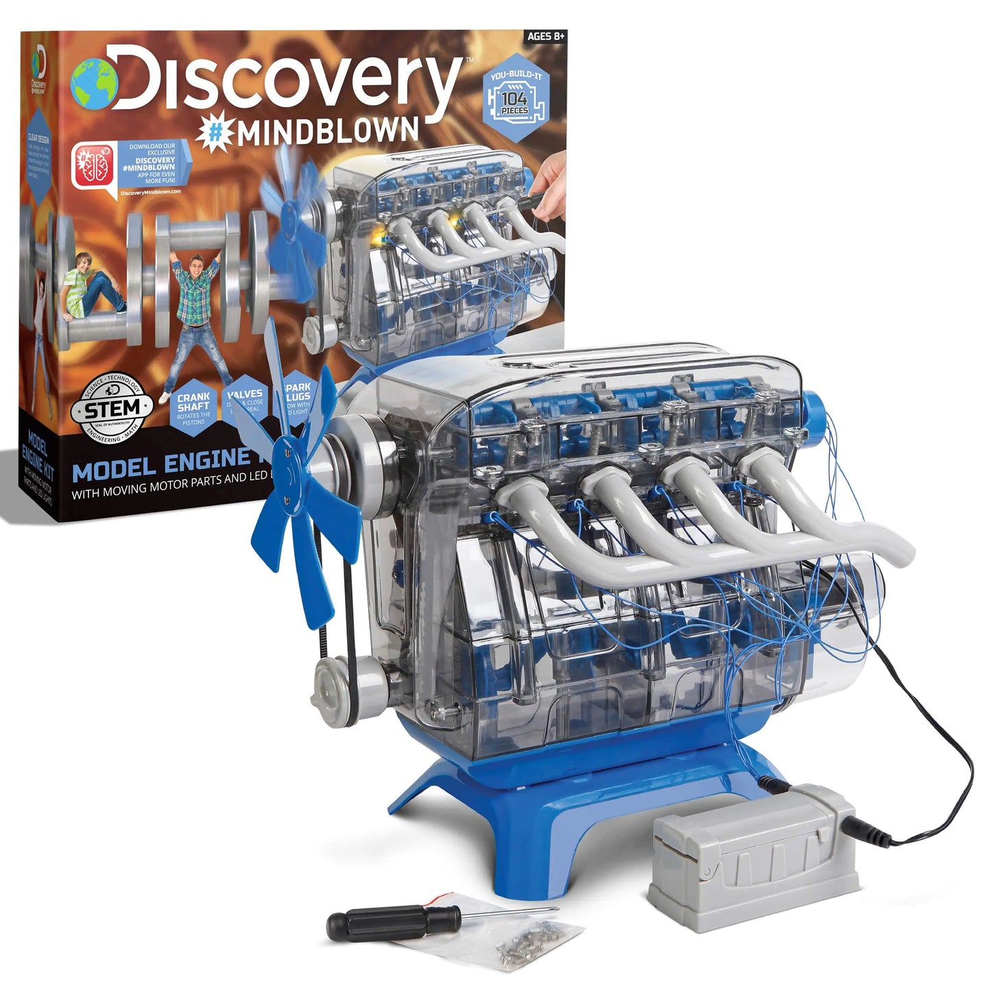 Model Engine Building Kit DIY 4-Cylinder Combustion Engine Working Pistons Fan Valves Belts LED Lights STEM Mechanic Engineering Construction Experiment Set Kids & Adults Gift